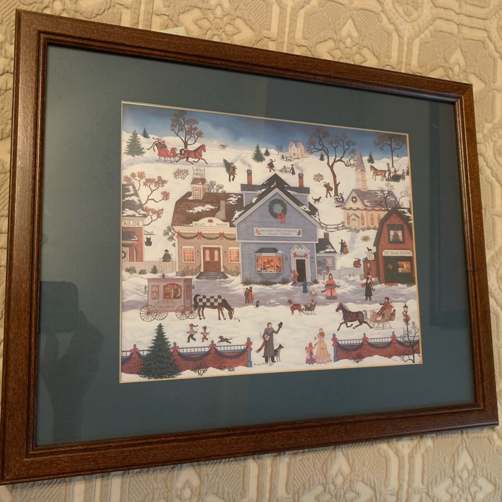 Framed Art-Americana-wood framed winter Village Scene